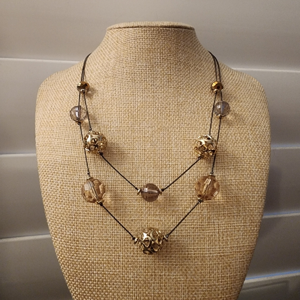 Floating Bead Necklace Gold-Tone Filigree Orbs & Faceted Acrylic Layered Tiered